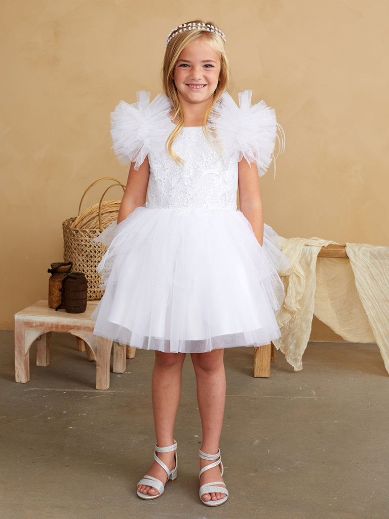 Glitter Bodice with Lace Applique and Fluffy Sleeves 5848 12 / White Glitter Bodice with Lace Applique and Fluffy Sleeves 5848 12 / White