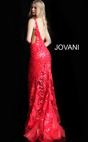 Jovani 60283 V-Neckline Floral Embellished Prom Dress