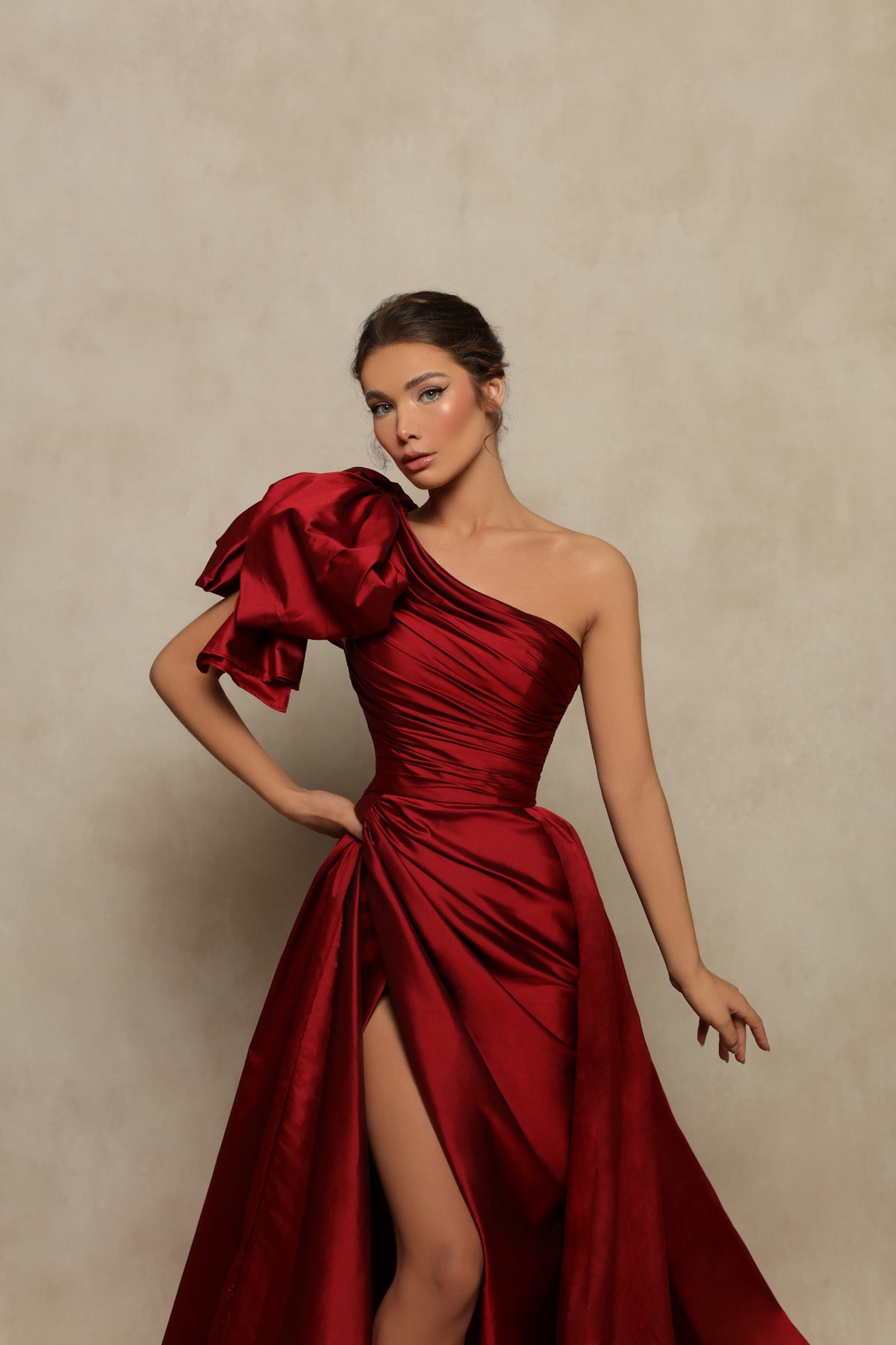 Tarik Ediz 98100 Taffeta Single Puff Shoulder Vivienne Dress Pre order 16 / Fuchsia Tarik Ediz 98100 Taffeta Single Puff Shoulder Vivienne Dress Pre order 16 / Fuchsia