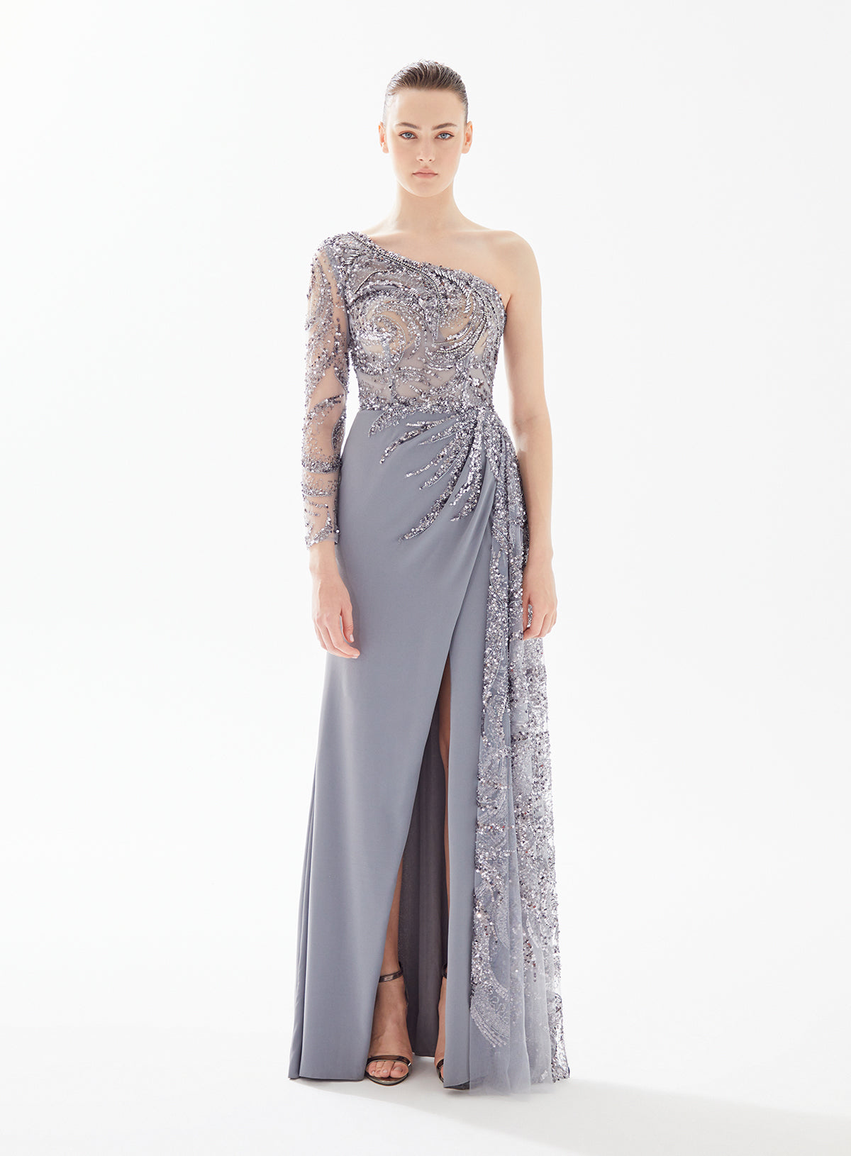 single long sleeve dress Tarik Ediz 98290 One Long Sleeve Sequin Holland Dress 14 / Emerald (Green)