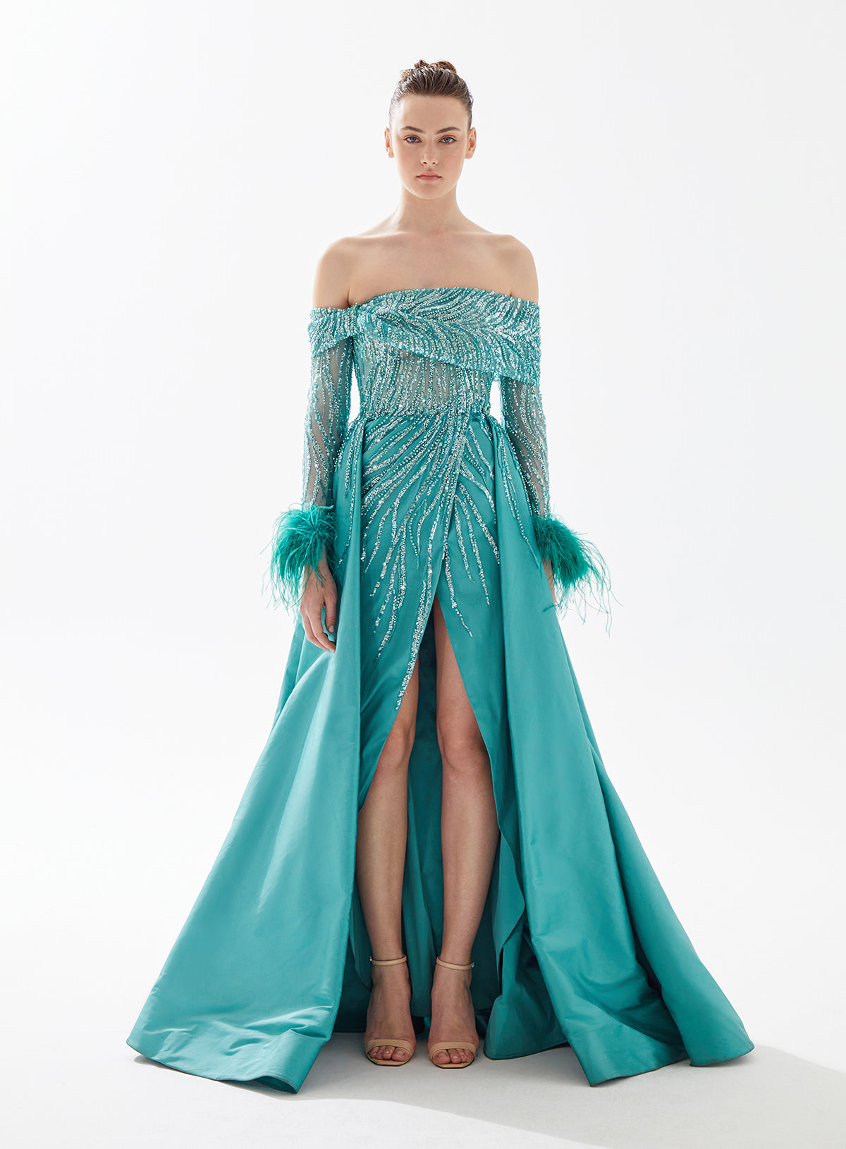 Tarik Ediz 98316 Feather Embellishment Long A-Line Madison Dress Sparkly Gowns Tarik Ediz 98316 Feather Embellishment Long A-Line Madison Dress Sparkly Gowns