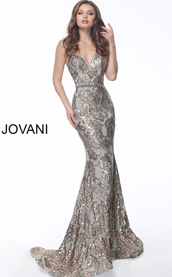 Jovani 67347 Gold Silver Criss Cross Back Embellished Prom Dress Pageant