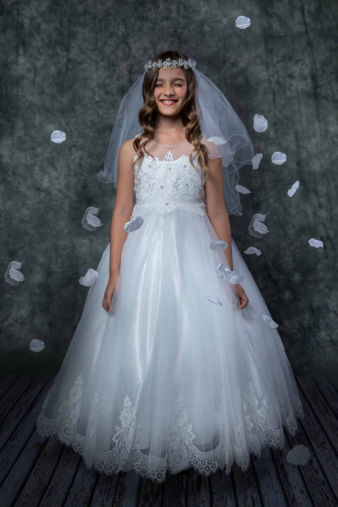 Illusion Lace Sleeve Flower Girl Dress with Bow