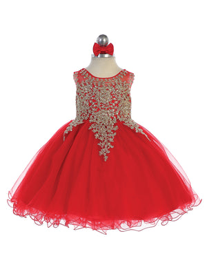 Baby Short Flower Girl Dress with Gold Lace 7013B