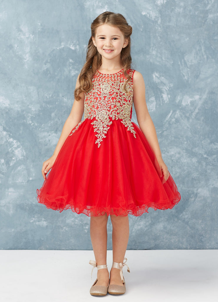 Short Flower Girl Dress with Gold Lace 7013RE