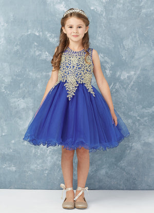 Short Flower Girl Dress with Gold Lace 7013wh