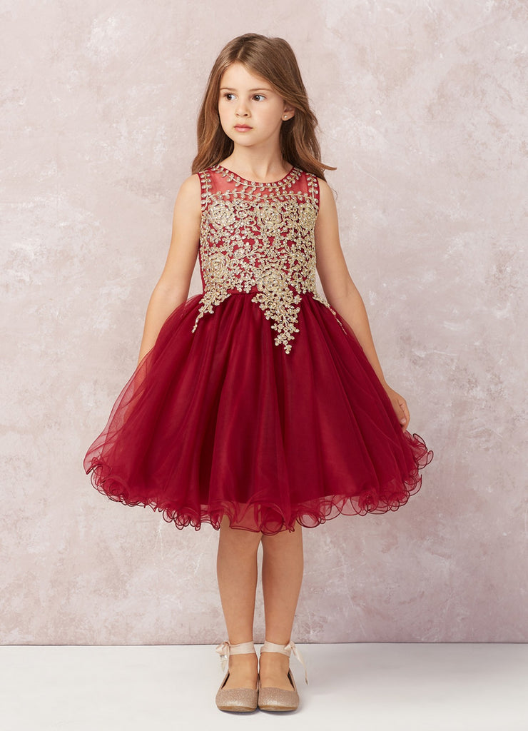 Short Flower Girl Dress with Gold Lace 7013CH Sparkly Gowns