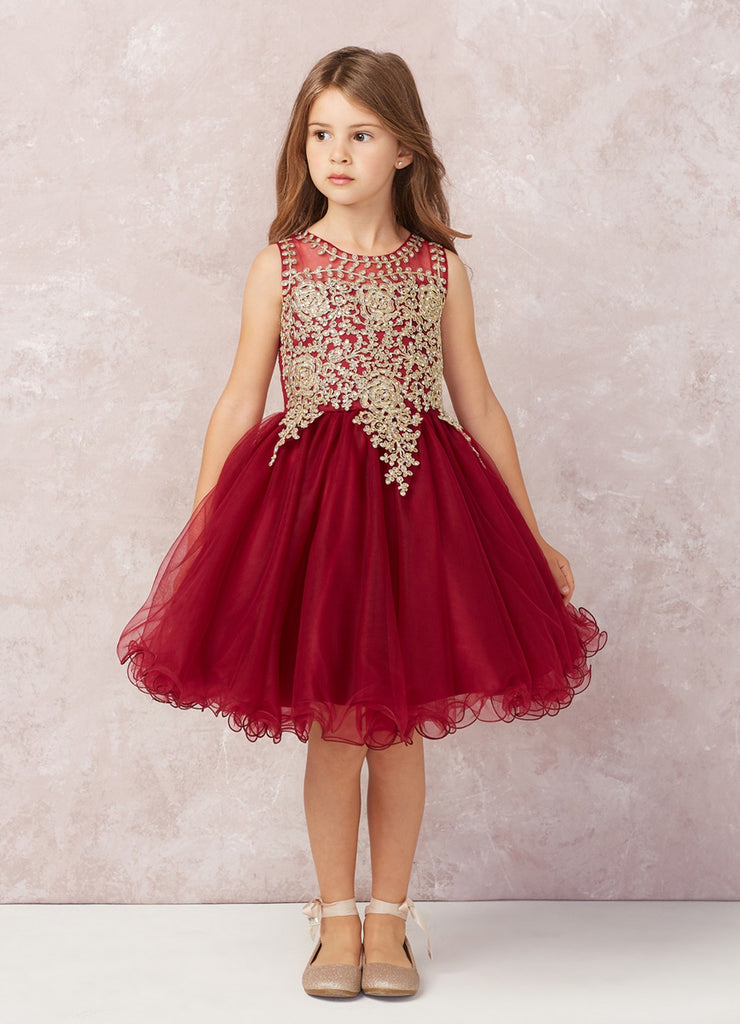 Short Flower Girl Dress with Gold Lace 7013BU