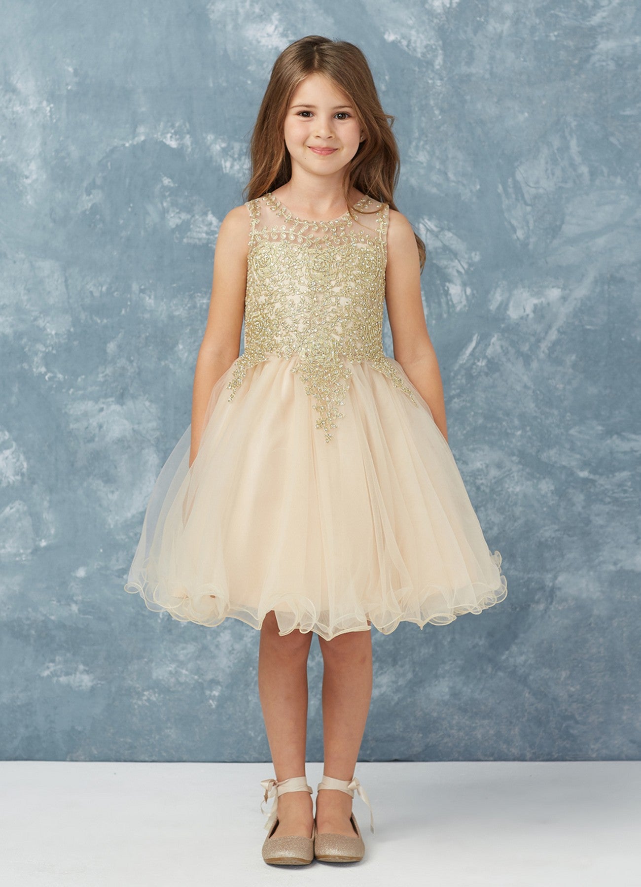 Short Flower Girl Dress with Gold Lace 7013CH 12 / Champagne (Wheat)
