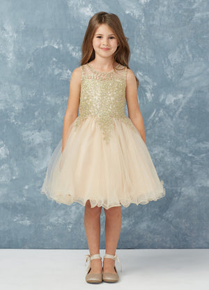 Short Flower Girl Dress with Gold Lace 7013CH