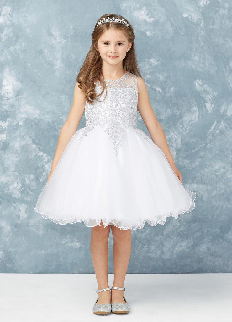 Short Flower Girl Dress with Gold Lace 7013wh