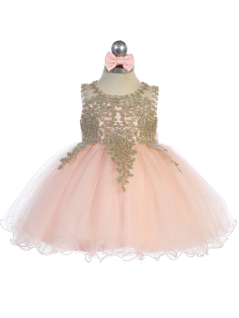 Baby Short Flower Girl Dress with Gold Lace 7013B