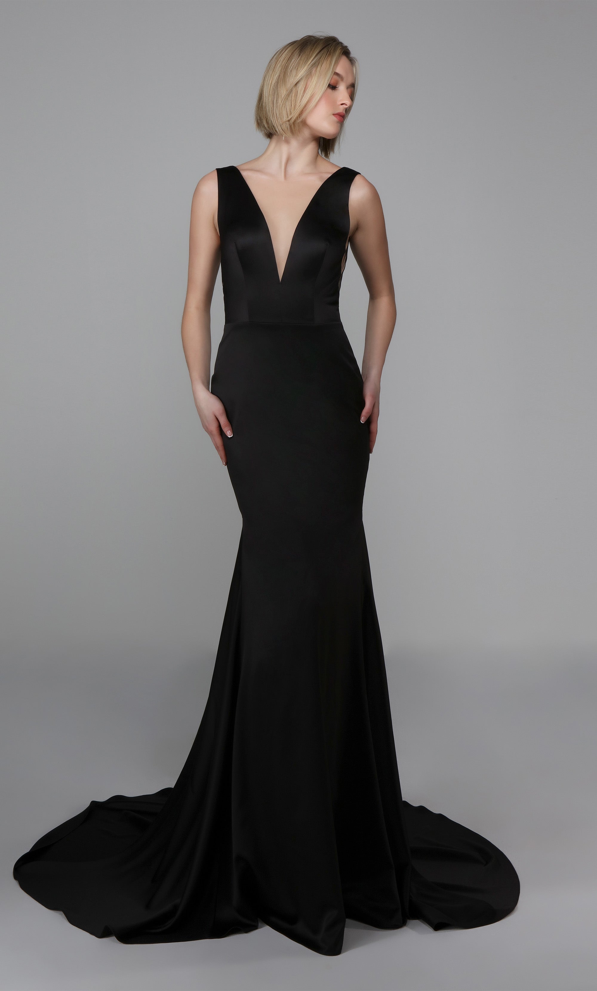 Plunging Neckline Satin Wedding Dress 7021 4 / Black Plunging Neckline Satin Wedding Dress 7021 4 / Black