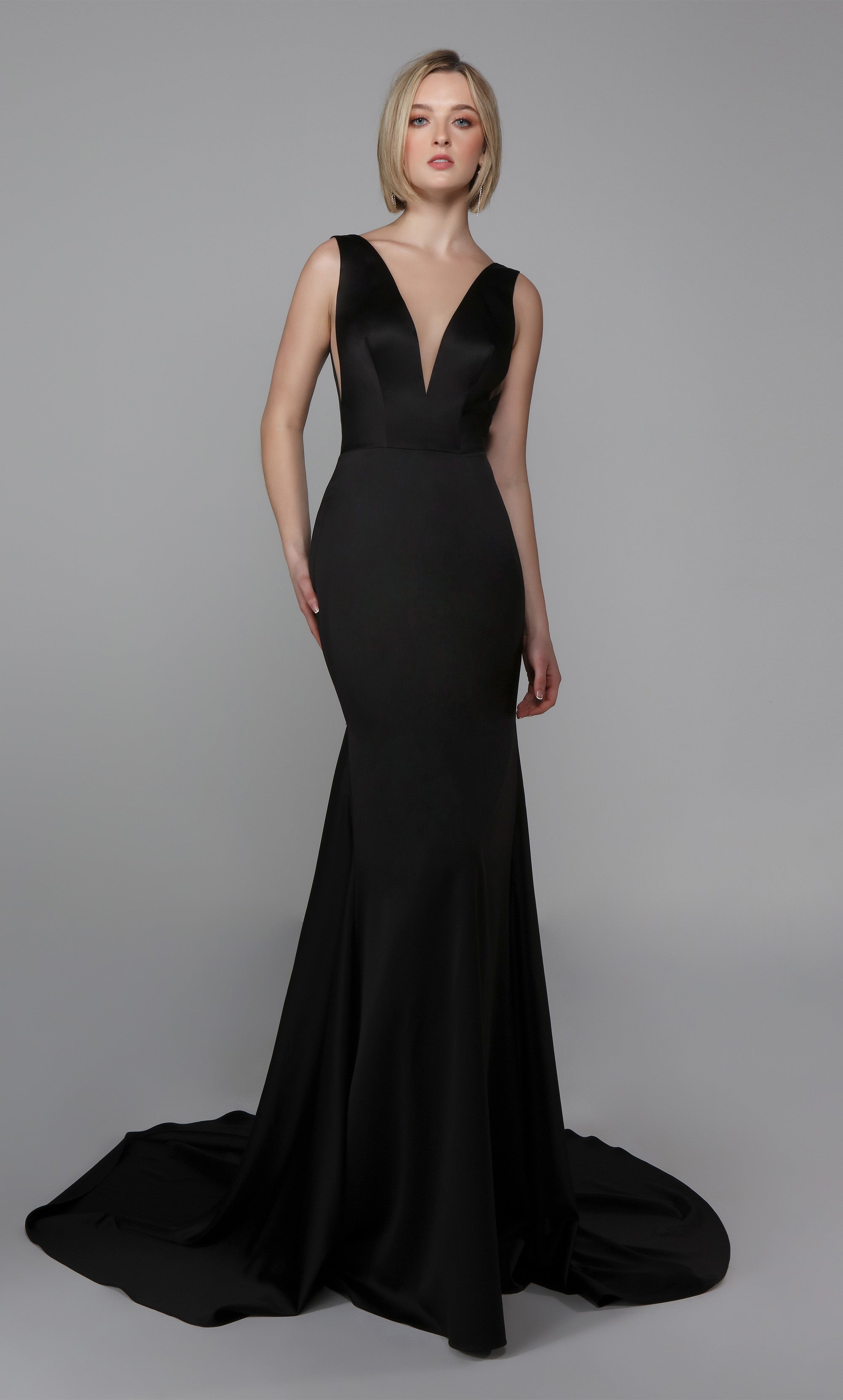 Plunging Neckline Satin Wedding Dress 7021 4 / Black Plunging Neckline Satin Wedding Dress 7021 4 / Black