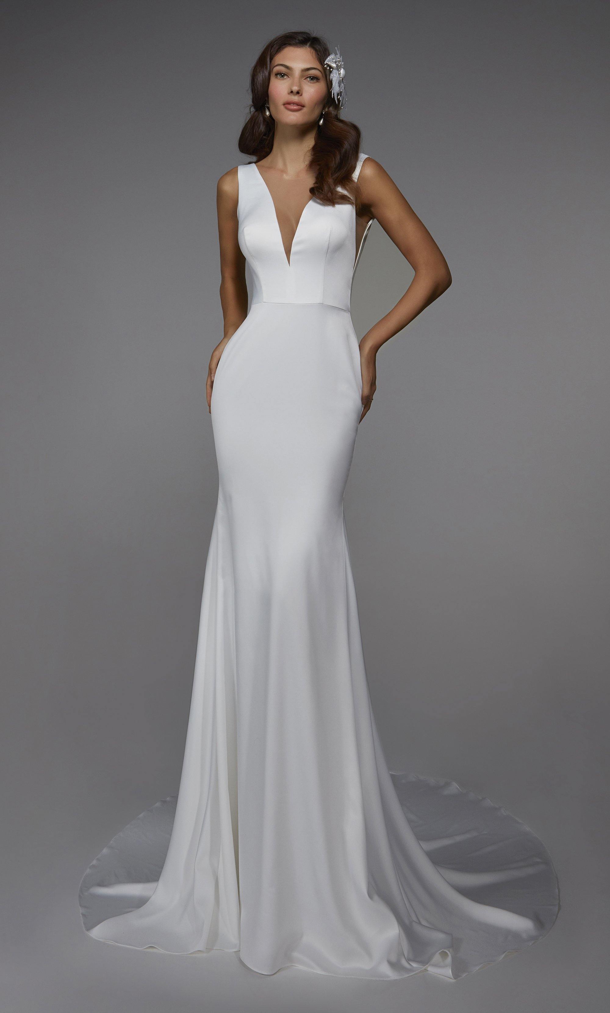 satin plunge wedding dress Elegant Simple Trumpet V Neck Ruched Soft Satin Wedding Dress with Slit Illusion Lace Train S3080W - Wedding Dresses