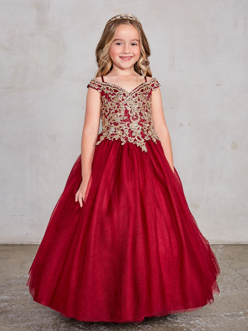 Off-The-Shoulder Gold Lace Burgundy Ball Gown 7024BU 4 / Burgundy (DARKRED) Off-The-Shoulder Gold Lace Burgundy Ball Gown 7024BU 4 / Burgundy (DARKRED)