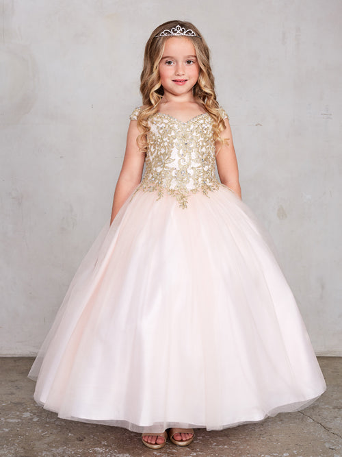 Off-The-Shoulder Gold Lace Blush Ball Gown 7024B 10 / Blush Off-The-Shoulder Gold Lace Blush Ball Gown 7024B 10 / Blush