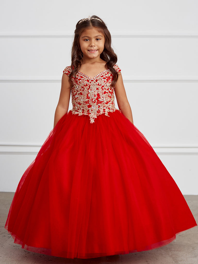 Off-the-Shoulder Gold Lace Red Ball Gown 7024R 12 / Red