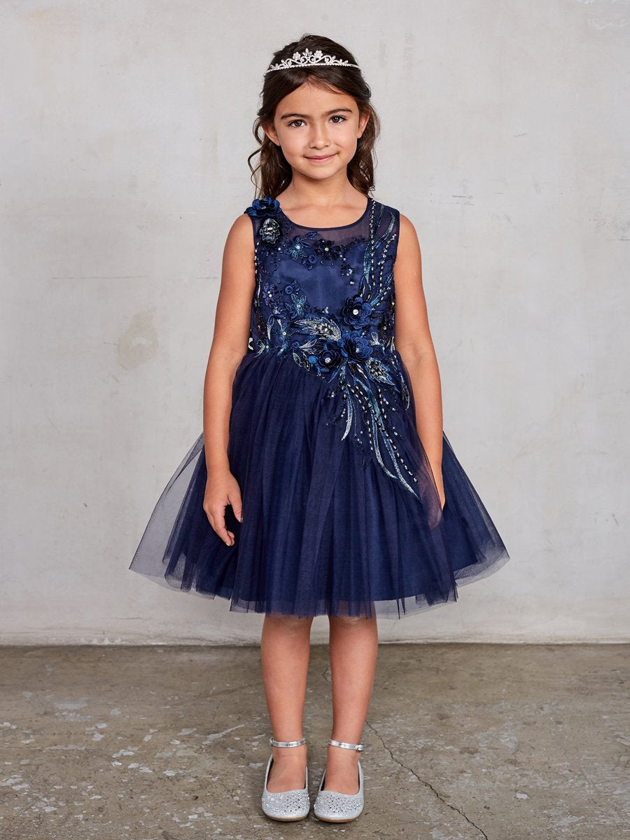 Sleeveless Short Dress with 3D flowers Navy Blue Flower Girl Dress Tip Top 7027