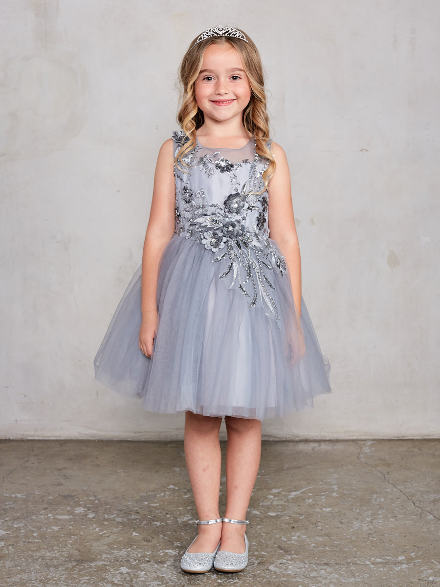 Sleeveless Short Dress with 3D flowers Flower Girl Silver Dress Tip Top 7027 4 / Silver Sleeveless Short Dress with 3D flowers Flower Girl Silver Dress Tip Top 7027 4 / Silver