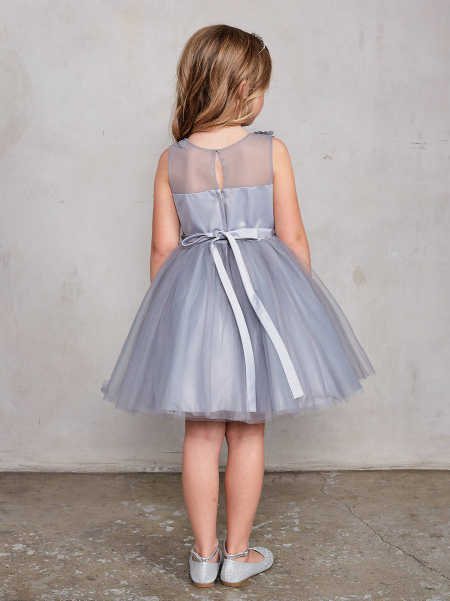girls silver dress Sleeveless Short Dress with 3D flowers Flower Girl Silver Dress Tip To – Sparkly Gowns