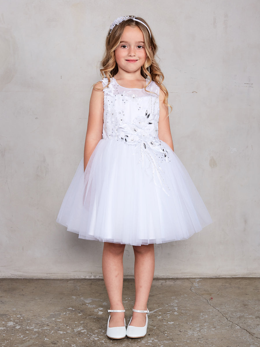 Sleeveless Short Dress with 3D Flowers White Flower Girl Dress Tip Top 7027 12 / White Sleeveless Short Dress with 3D Flowers White Flower Girl Dress Tip Top 7027 12 / White