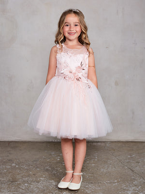 Sleeveless Short Dress with 3D flowers Flower Girl Blush  Dress Tip Top 7027