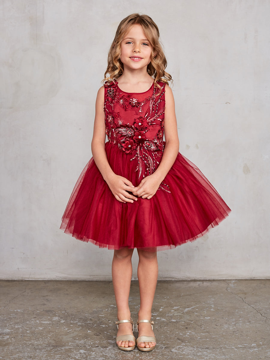 Sleeveless Short Dress with 3D flowers Burgundy Flower Girl Dress Tip –  Sparkly Gowns