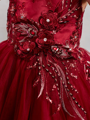 Vestido Corto Sin Mangas con Flores 3D Vestido Niña Florista Burdeos Tip Top 7027