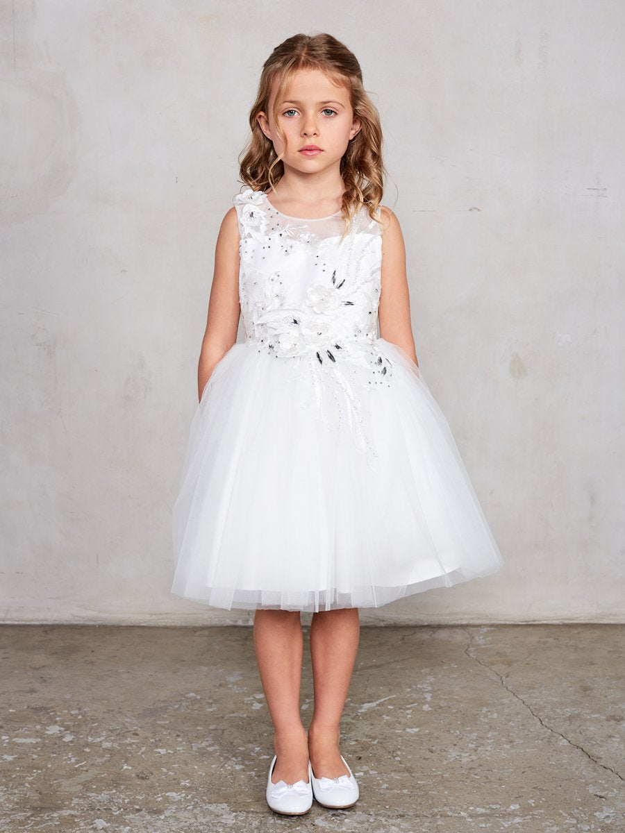 Sleeveless Short Dress with 3D flowers Ivory Flower Girl Dress Tip Top 7027 12 / Ivory