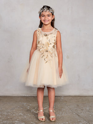 Sleeveless Short Dress with 3D flowers Flower Girl Gold  Dress Tip Top 7027