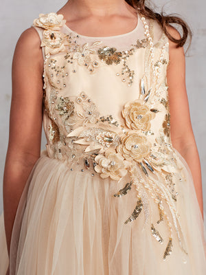 Sleeveless Short Dress with 3D flowers Flower Girl Gold  Dress Tip Top 7027