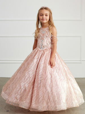 Choker Style Beaded Gold A-line Gown Party Children Dress 7032