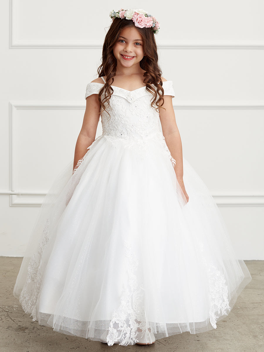 Lace and Tulle Off-the-Shoulder First Communion Full Length Gown 7034W 4 / White Lace and Tulle Off-the-Shoulder First Communion Full Length Gown 7034W 4 / White