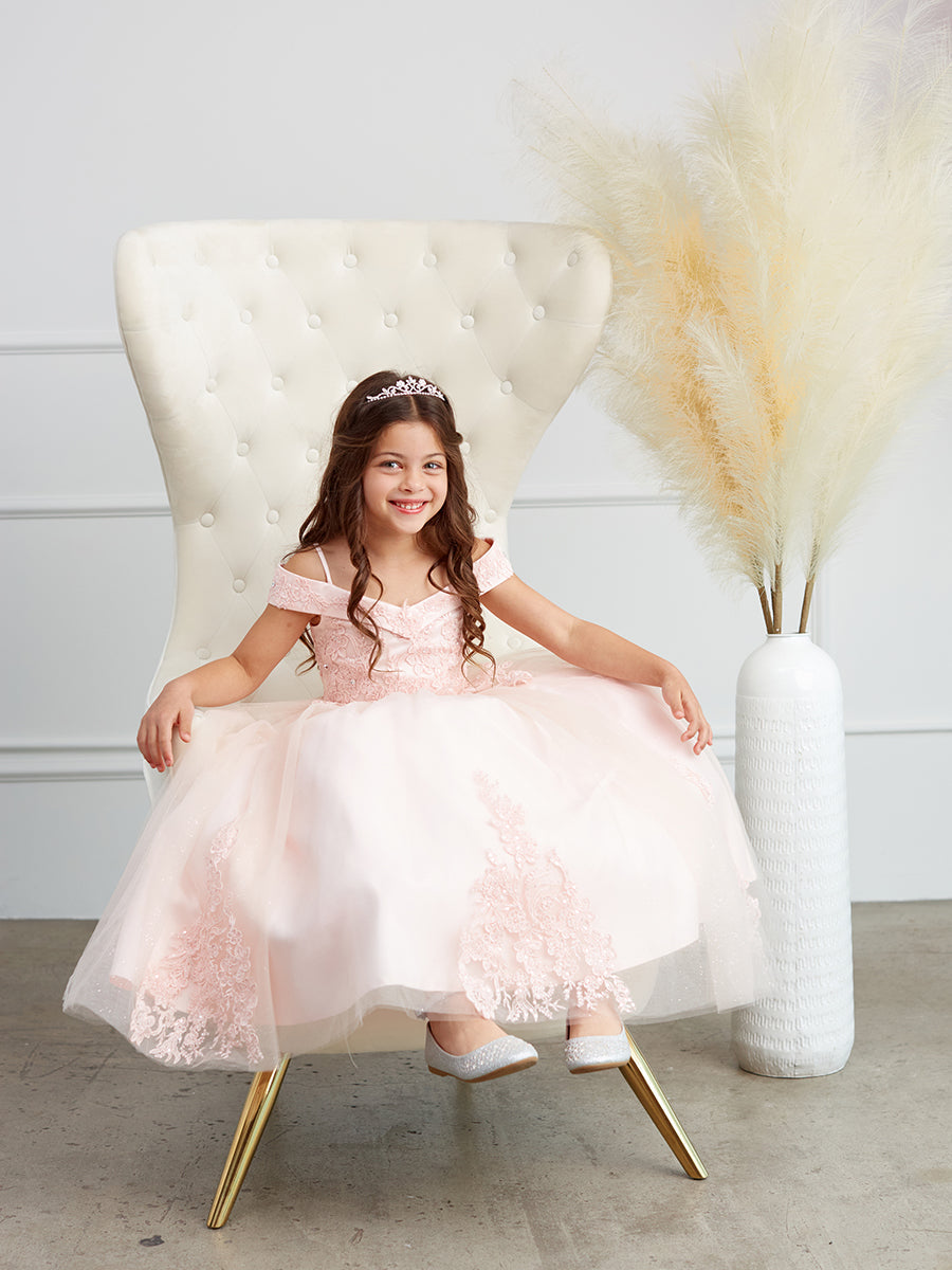 Lace and Tulle Off-the-Shoulder Blush Flower Girl Full Length Gown 7034BL 18+$30 / Blush (MistyRose) Lace and Tulle Off-the-Shoulder Blush Flower Girl Full Length Gown 7034BL 18+$30 / Blush (MistyRose)