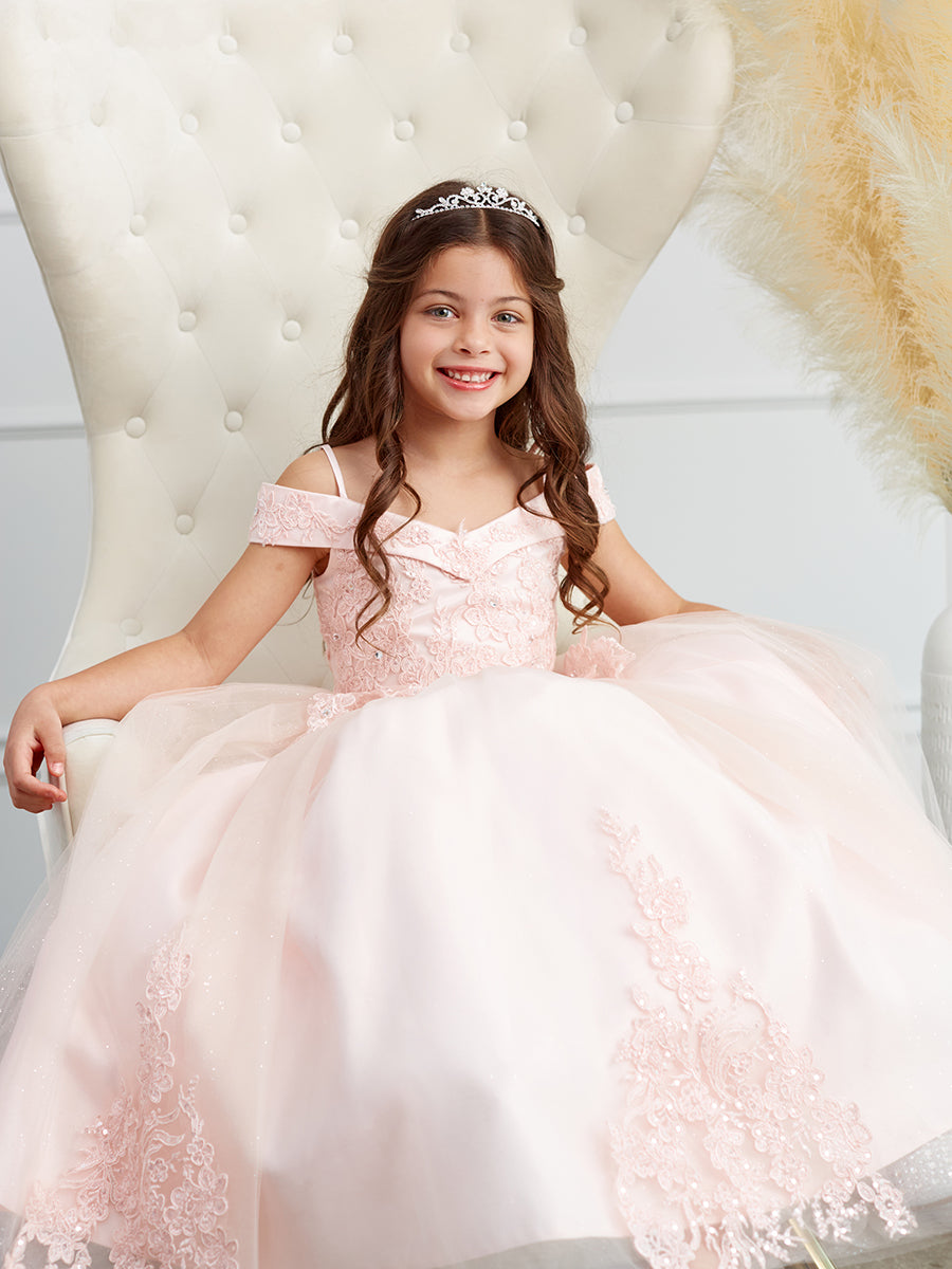 Lace and Tulle Off-the-Shoulder First Communion Full Length Gown 7034W 4 / White Lace and Tulle Off-the-Shoulder First Communion Full Length Gown 7034W 4 / White