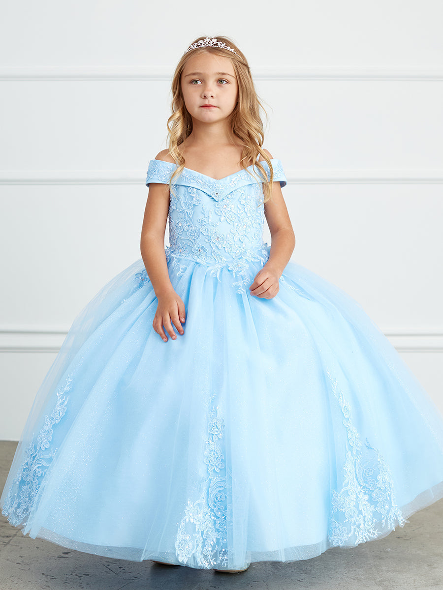 Lace and Tulle Off-the-Shoulder Sky Blue Flower Girl Full Length Gown 7034SB 14+$30 / SkyBlue Lace and Tulle Off-the-Shoulder Sky Blue Flower Girl Full Length Gown 7034SB 14+$30 / SkyBlue