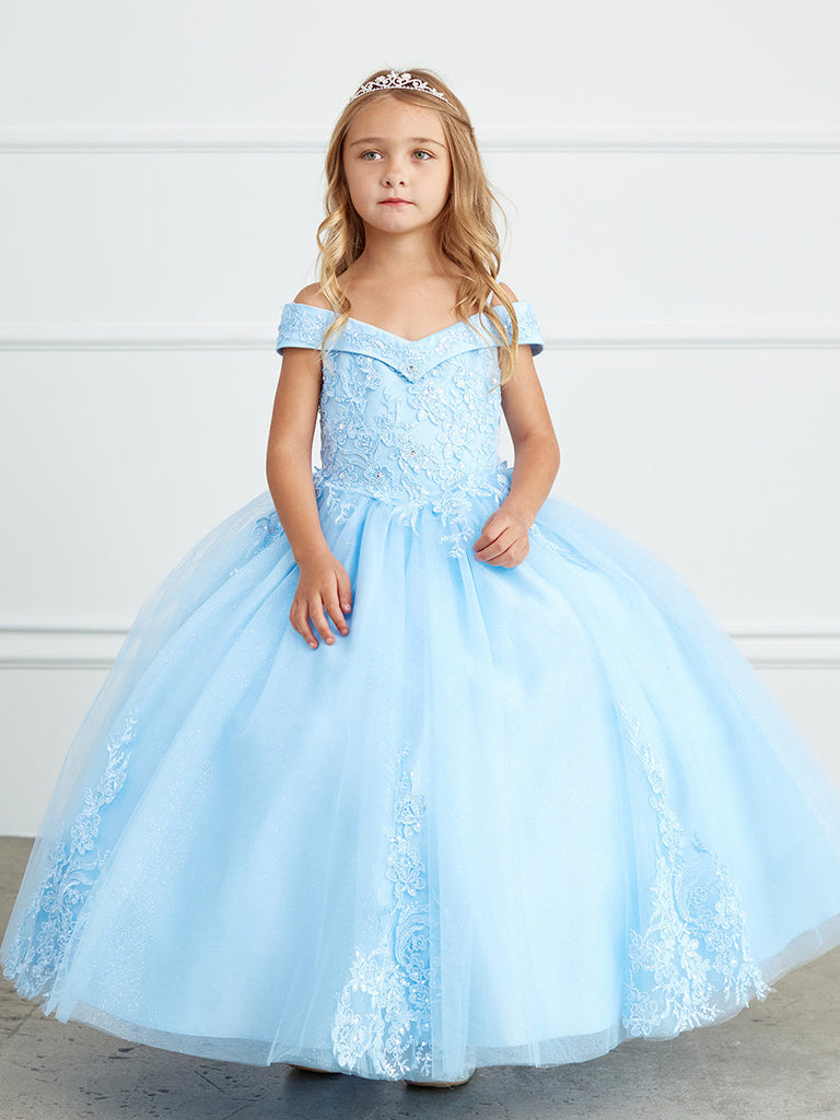 Lace and Tulle Off-the-Shoulder Sky Blue Flower Girl Full Length Gown Sparkly Gowns Lace and Tulle Off-the-Shoulder Sky Blue Flower Girl Full Length Gown Sparkly Gowns