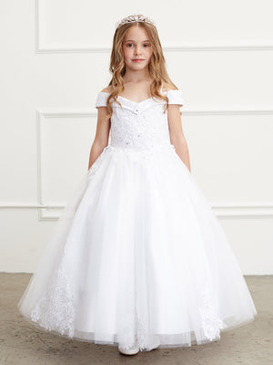 Lace and Tulle Off-the-Shoulder First Communion Flower Girl Full Length Gown 7034IV