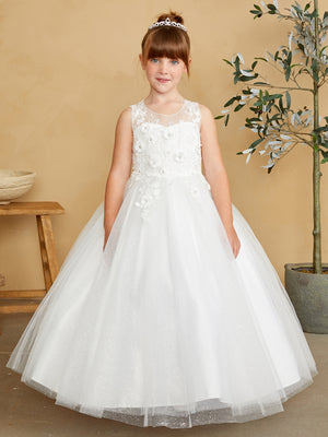 Baby Illusion Neckline 3D Floral Applique and Glitter Tulle Skirt 7038S