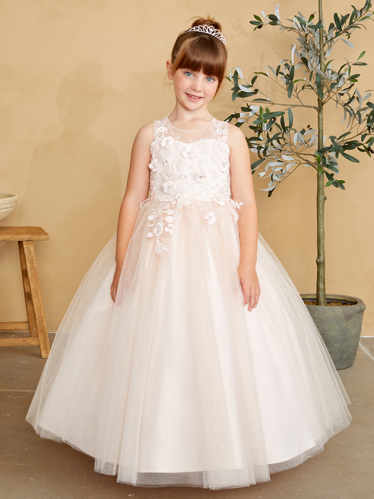 Illusion Neckline with 3D Floral Applique and Glitter Tulle Skirt 7038