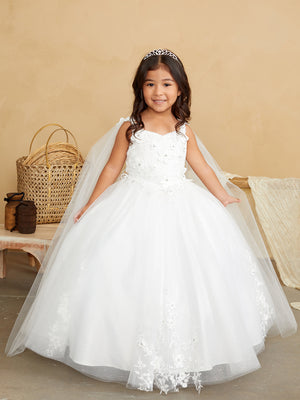 3D Floral Bodice with Glitter Tulle Skirt and Detachable Cape 7040