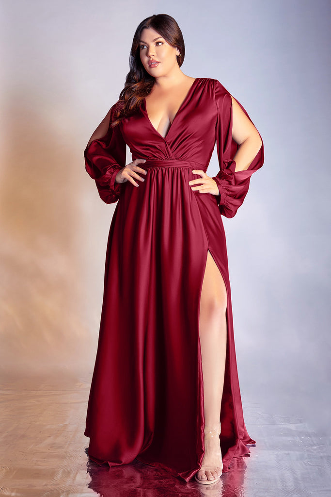 Curves Opened Long Sleeve Satin Evening Gown 7475C