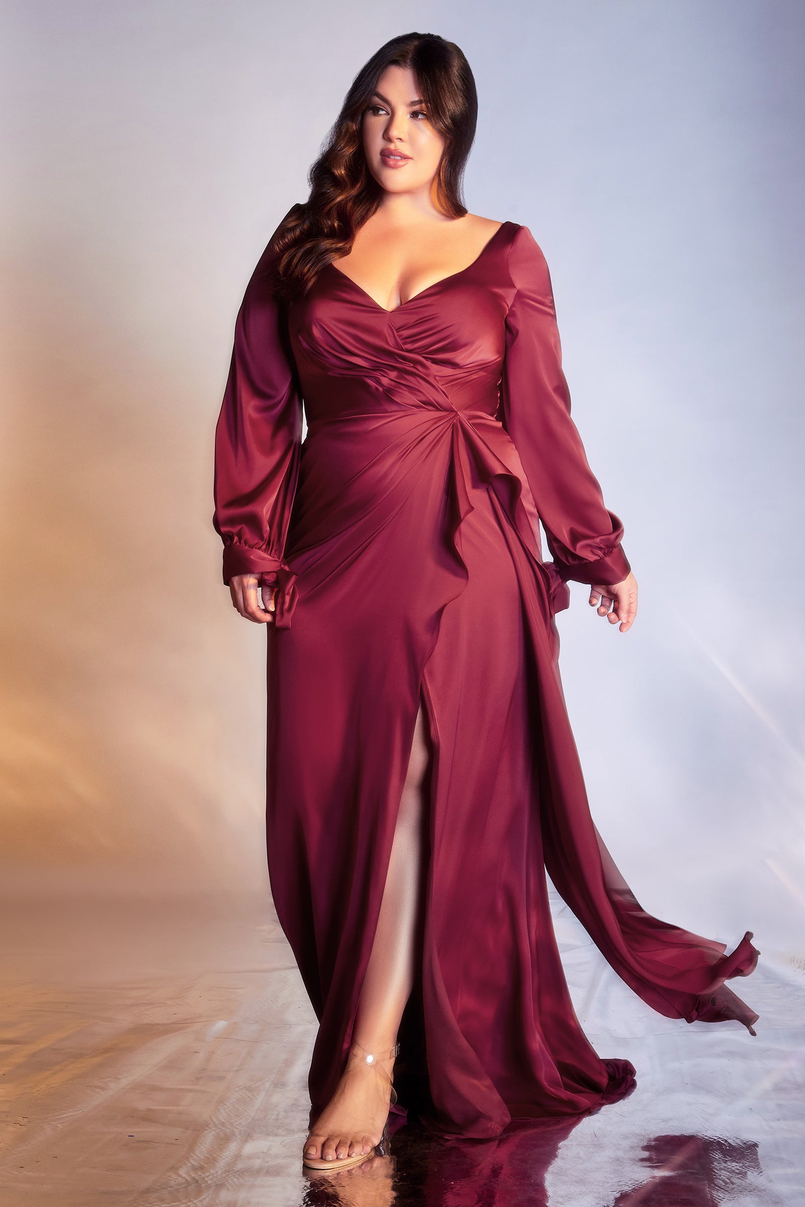 Sophisticated Long Sleeve Satin Mauve Evening Gown 7478 – Sparkly Gowns