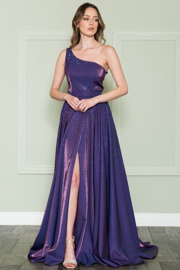 Purple Rhinestones One Shoulder Chiffon Prom Dress - Promfy