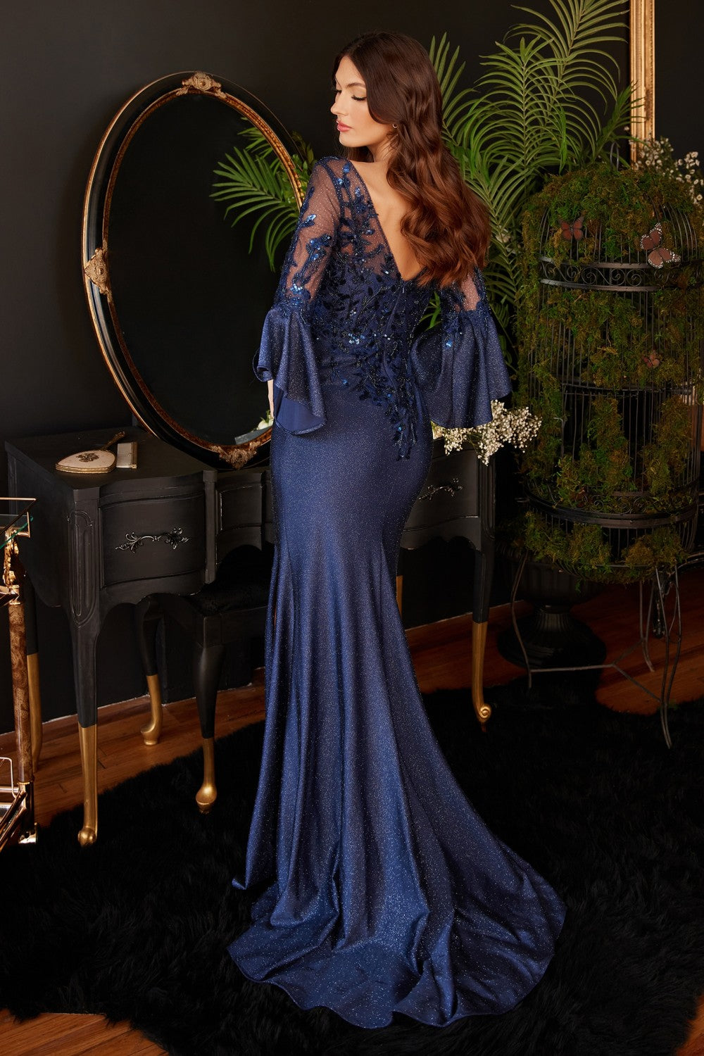Long Bell Sleeve Lace and Satin Gown 9247 Sparkly Gowns Long Bell Sleeve Lace and Satin Gown 9247 Sparkly Gowns