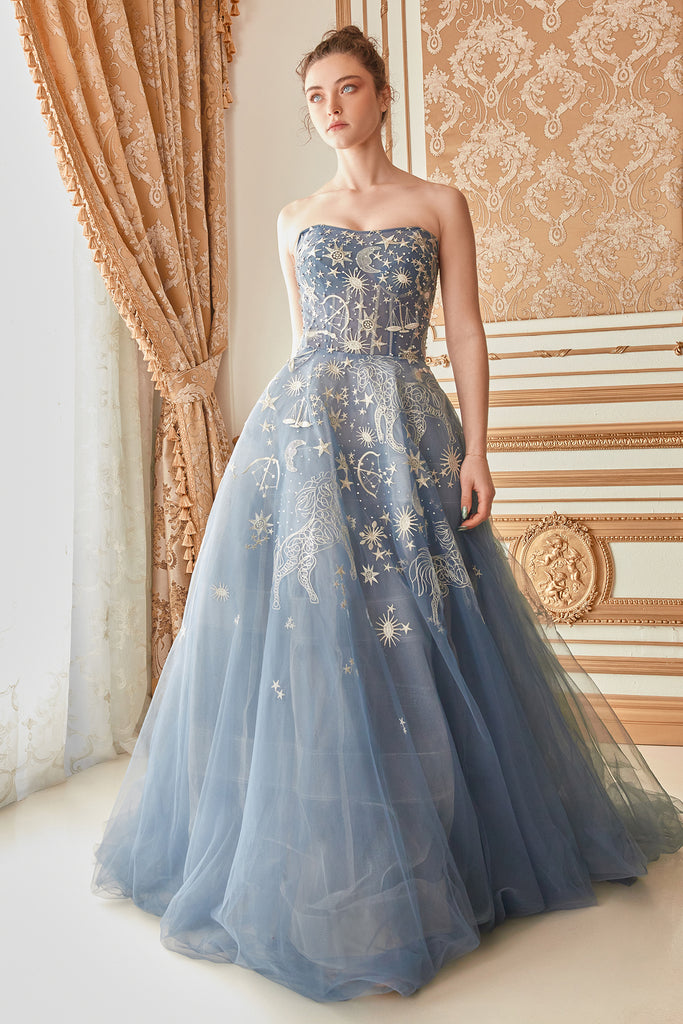 Andrea & Leo Couture A0890 Dusty Blue Constellation Dream Tull Ball Gown Prom Evening Dress