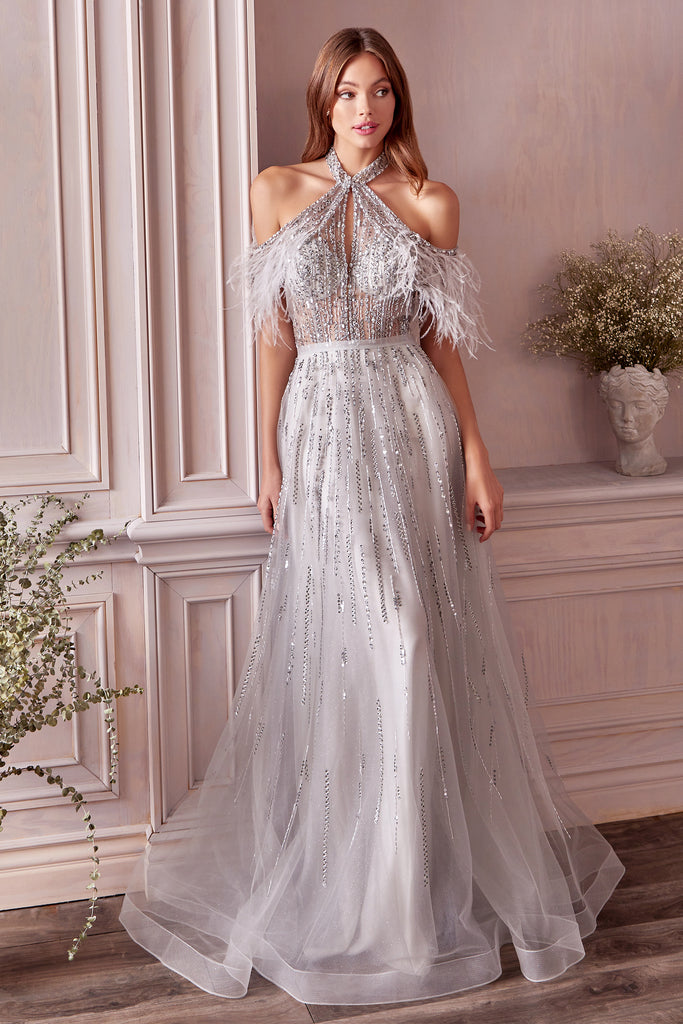 Andrea & Leo Couture A1023 Cold Shoulder Feather Anastasia Gown