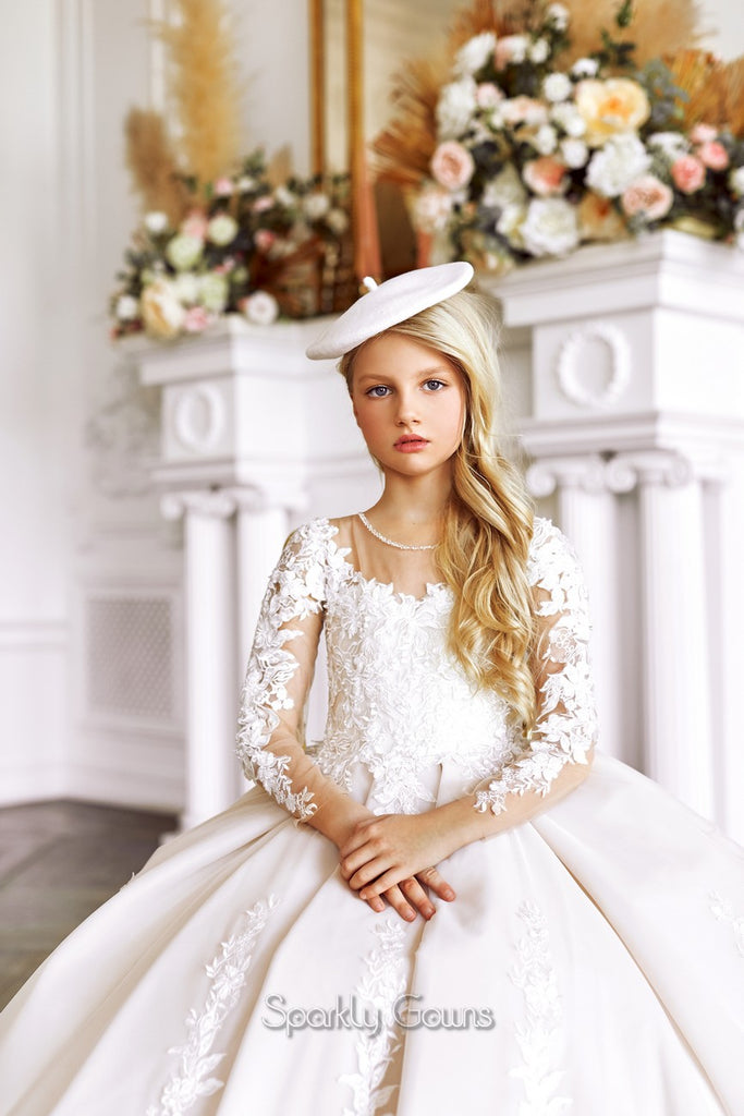 Bridal Quality Lace Sleeves Luxury Princess Ball Gown First Communion Flower Girl  Dress 21057