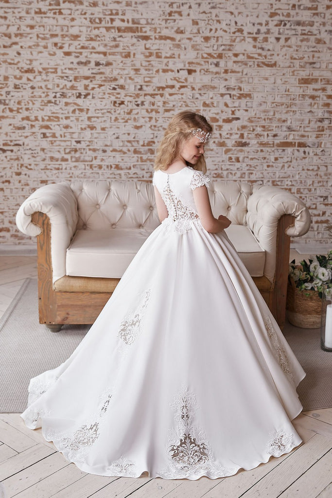 Vestido de niña de flores de primera comunión de satén y encaje AB047